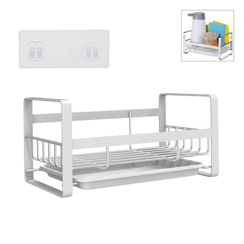 Kitchen Sink Caddy Organizer, Sponge Holder for Kitchen Sink with Removable Drain Tray, 304 Stainless Steel Rustproof Dish Sponge Organizer, Countertop Soap Dish Rack Drainer, Soap Brush Holder