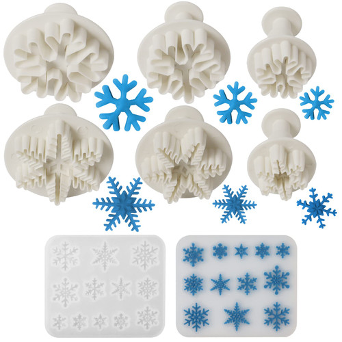 HAPY SHOP 7 Pieces Snowflake Fondant Molds 6 Pieces Snowflake Plunger Cutters and Snowflake Silicone Moulds,Snowflake Christmas Fondant Molds Cake Embossing Tools for Party Decoration Craft Supplies