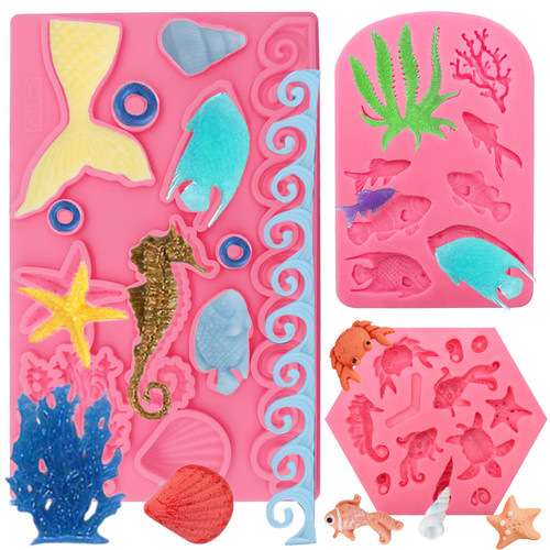 3 PCS Marine Theme Cake Fondant Silicone Mold Cupcake Decoration Molds Seashell Conch Seahorse Starfish Tortoise Silicone Mold for DIY Cake Decoration Chocolate Candy Polymer Clay Crafting Projects