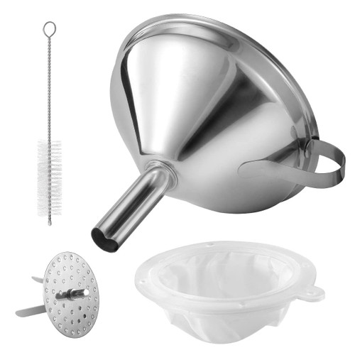 Kitchen Funnel for Filling Bottles, FXFSTEEL 5 Inch 304 Stainless Steel Funnel with Food Strainer for Transferring Liquids, Juice, Oil, Making Jam
