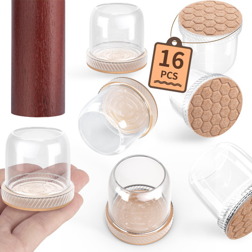 Sgooyir 16PCS Round Chair Leg Floor Protectors, Silicone Chair Leg caps Floor Protectors with Felt, Chair Leg Protectors for Hardwood Floors Furniture Pads L Transparent&Brown