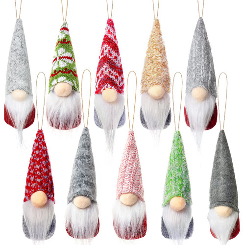 Gnomes Christmas Ornaments Set of 10, Hanging Gnomes Christmas Tree Decorations Ornaments, Handmade Gnome Plush Santa Scandinavian Xmas Holiday Home Decor