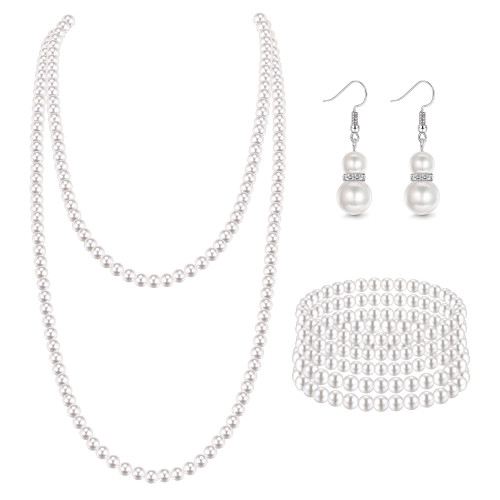 FINREZIO Pearl Necklace Bracelet Earrings Set for Women Pearl Bracelet Faux Pearl Necklace Drop Dangle Earrings Prom Costume Jewelry for Wedding Working Travel