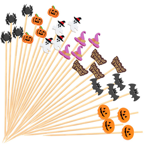 200PCS Halloween Cocktail Picks, FATLODA Handmade Halloween Food Picks, 4.7 Inches Halloween Bamboo Skewers Toothpicks For Appetizers Charcuterie Boards Accessories