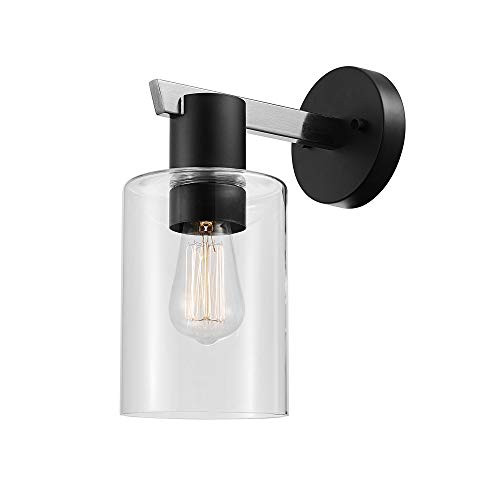 Globe Electric Crawford 1-Light Wall Sconce, Brushed Steel, Matte Black Accents, Clear Glass Shade 51342