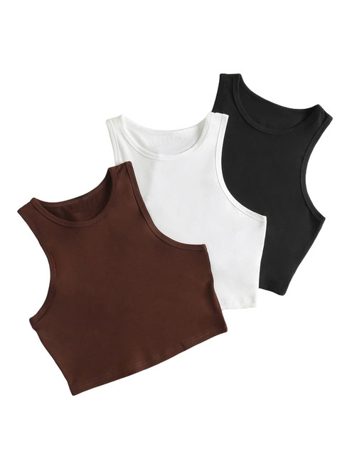 GORGLITTER Women's 3 Piece Ribbed Knit Crop Top Round Neck Sleeveless Pack Crop Cami Tank Tops Large White Black Brown GORGLITTER Women's 3 Piece Ribbed Knit Crop Top Round Neck Sleeveless Pack Crop Cami Tank Tops Large White Black Brown