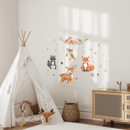 Tanlaby Woodland Cartoon Animal Wall Stickers, Cute Raccoon Deer Fox Owl Forest Animal Wall Decals, Kids Baby Nursery Playroom Bedroom Wall Decor