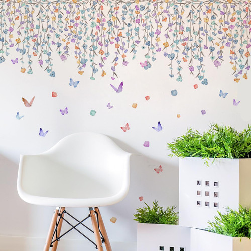 Yotdmk Pastoral Style Flower Wall Stickers for Living Room Bedroom Background Wallpaper Watercolor Butterfly Girls Room Decor Stickers Daughter Room Decoration Wall Decals PVC Murals
