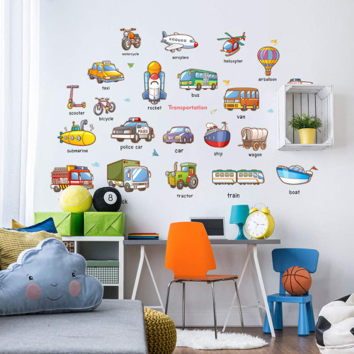 Wallpark Transports Vehicle Education Wall Sticker Boys Car Rocket Boat Removable Wall Decal, Children Kids Baby Home Room Nursery DIY Decorative Adhesive Art Wall Mural