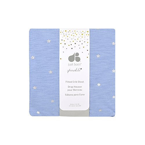 Just Born Sparkle Fitted Crib Sheet, Cadbury Blue & Silver Star