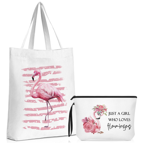 2 Pcs Flamingo Gifts for Flamingo Lovers Flamingo Canvas Tote Bag Birthday Gift Animal Lovers Makeup Bag Zipper Purse Flamingo Shopping Bags for Friend Sister Women Girl Flamingo Lover Animal Gift