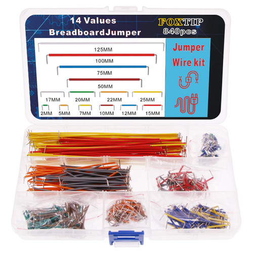 FOXTIP 840Pcs Preformed Breadboard Jumper Wire Kit 14 Vaules Jumper for Breadboard Prototyping Circuits | Electronics Experiment | Arduino or Raspberry Pi