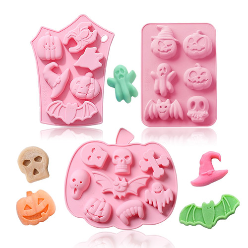 SEIHDHIK Halloween Silicone Mold 3 Packs Pumpkin Ghost Skull Bat Molds Candy Molds Silicone for Halloween Baking Candy Chocolate Jelly Cookie Ice Cube Crayon Soap