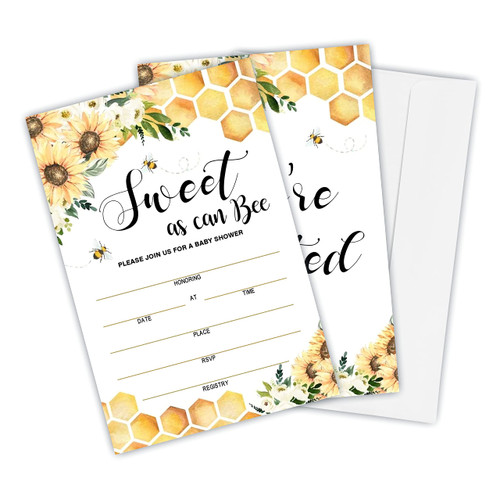 DZIMY Sweet as can Bee Baby Shower Invitation, Honey Bee & Sunflower Theme Invitation Cards - 25 Invites With Envelopes - Gender Reveal & Baby Announcement Party Supplies - BYQK-B13