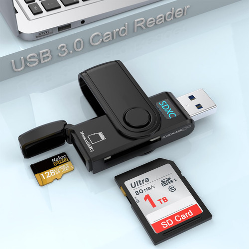 USB 3.0 SD Card Reader, 2 Slots Memory Card Reader with a Build-in Micro SD Card Cap for SDXC/SDHC/UHS-I SD Cards, TF/Micro SD Cards Reader - Take It as a USB 3.0 Flash Drive