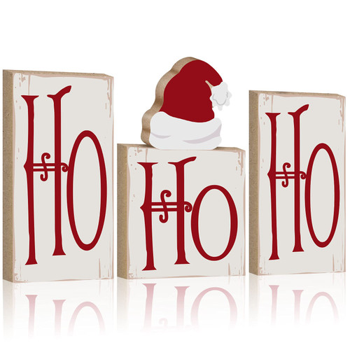 Wesiti 4 Pieces Christmas Ho Ho Ho Tabletop Decoration Ho Ho Ho Wood Glitter Christmas Blocks Christmas Wooden Table Sign Holiday Christmas Dinner Party Decor