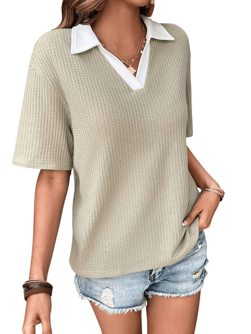 SweatyRocks Women's Casual Half Sleeve V Neck Tee Top Collared Drop Shoulder Waffle Knit Loose T Shirt Mint Green S