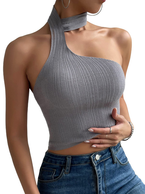 GORGLITTER Women's Rib Knit Asymmetrical Halter Neck Crop Tops Sleeveless Slim Tank Top Grey Large
