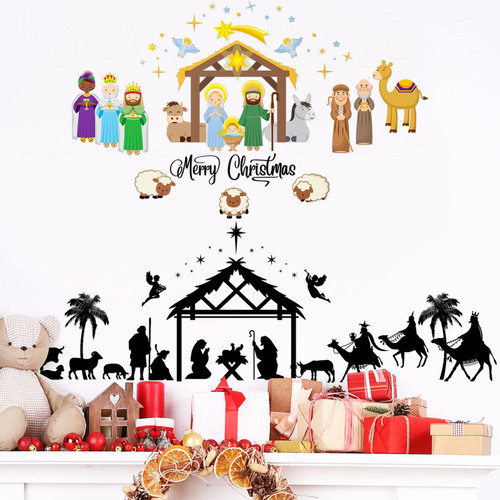 Christmas Religious Wall Decal Stickers Large Colorful Nativity Scene Wall Decals Stickers Christian Removable Modern Decor for Xmas Holiday Baby Room Living Room Bedroom