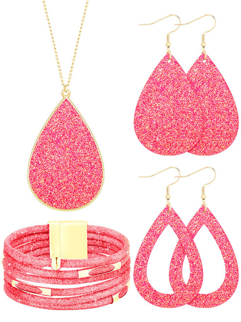 Hicarer 4 Pieces Women's Glitter Jewelry Set Bridal Wedding Multi-Layer Bracelet Faux Leather Dangle Earrings Necklace (Fluorescent Pink)