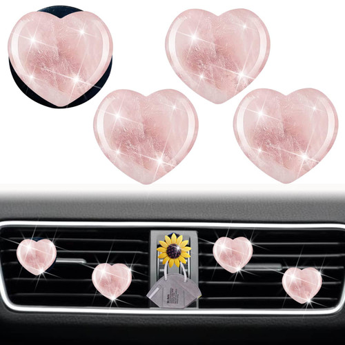 Quartz Heart Air Vent Clips, 4 Pcs Pink Heart Style Car Air Fresheners Vent Clips Car Diffuser Vent Clip Cute Car Decoration Car Interior Decor Car Accessories for Women Men + Sunflower Mask Hook