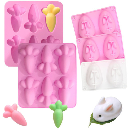 YHCH 5 Pack Easter Rabbit Radish Silicone Molds 3D Bunny Chocolate Candy Mold Soap Mold Carrot Silicone Mold Easter Kitchen Baking Tools for DIY Cake Chocolate Jelly Desserts Ice Soap