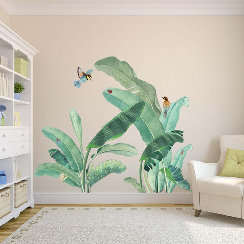 Amimagen Green Leaves Jungle Wall Stickers - Tropical Plants Palm Leaf Birds Wall Decals - Living Room Bedroom Sofa TV Background Home Wall Stickers
