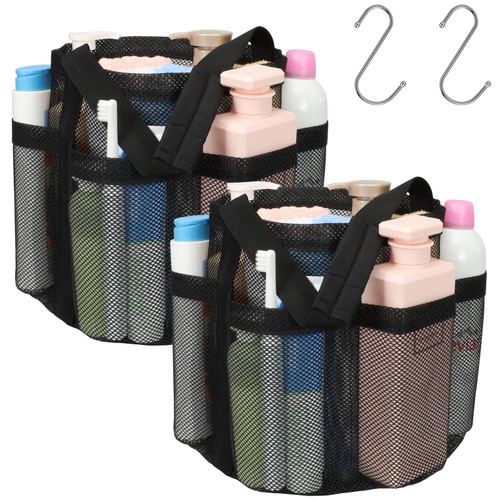 F-color Mesh Shower Caddy Portable, Shower Caddy Basket Tote for College Dorm Room Gym Rv Essentials, 8.5" Deeper Pocket Quick Dry Shower Bathroom Caddy Bag with S Hook, 2 Packs Black