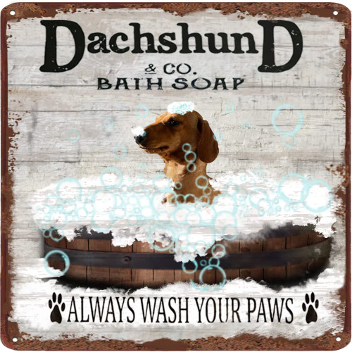 Finamille Dachshund & Co. Bath Soap Poster, Wash Your Paws Metal Sign, Dachshund Poster, Dog Lover Gift, Dog Iron Print, Bathroom Wall Decor, Cute Animal Housewarming Gift 12x12 Inches
