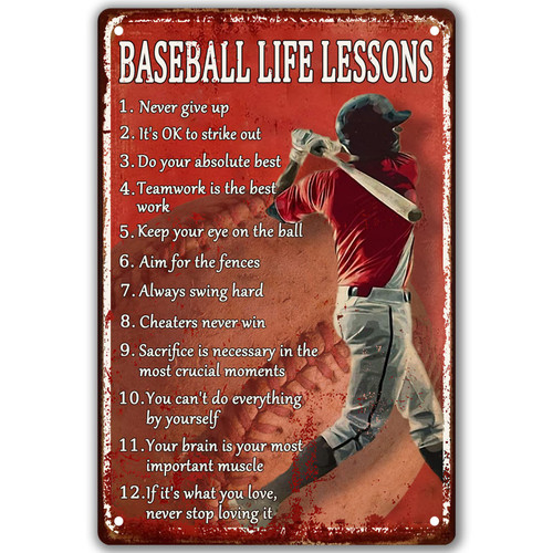 Retro Baseball Tin Sign Vintage Baseball Decor For Boys Room Baseball Life Lessons Metal Signs Motivational Workout Baseball Sports Posters For Boys Bedroom Never Give Up Wall Art Decor Personalized Baseball Gifts Red Decorations For Home Bar Classro