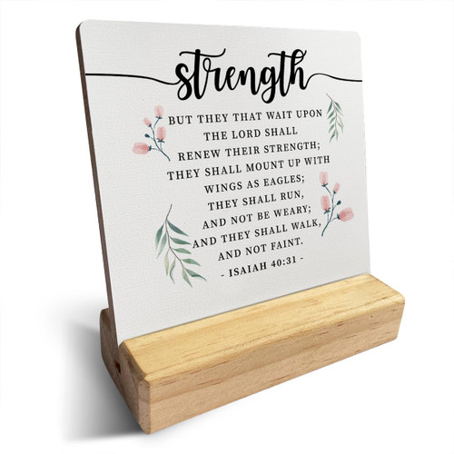 Inspirational Quote Country Strength but They That Wait upon the Lord Bible Verse Wooden Plaque Sign Desk Decor Rustic Isaiah 40:31 Christian Desk Sign Decor for Home Office 4 x 4 Inches