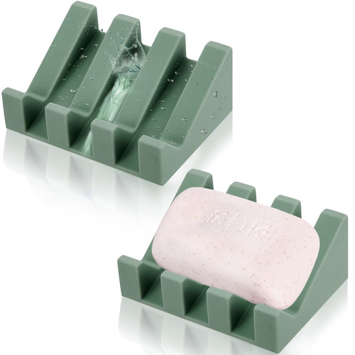 Silicone Soap Dish Self Draining Soap Dish Shower Waterfall Bar Soap Holder Tray with Drain Soap Saver for Kitchen Bathroom Accessories (Light Green, 2)