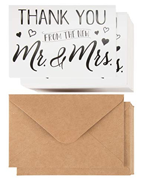 Wedding Thank You Cards - 120-Pack Thank You from the New Mr. and Mrs. Greeting Card, Bulk Thank You Note Cards and Kraft Envelopes Stationery Set, 4 x 6 Inches