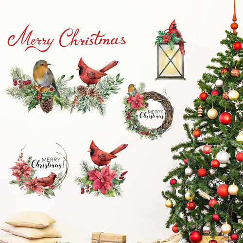 5 Pcs Merry Christmas Wall Decal Cardinal Vinyl Wall Sticker Wreath Pine Poinsettia Peel and Stick Wall Decals Xmas Vinyl Wall Art Large Christmas Wall Decor for Living Room Bedroom Home Office Decors