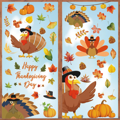 Thanksgiving Window Clings Thanksgiving Window Decals Thanksgiving Turkey Pumpkin Maple Window Clings Double-Side Window Stickers for Thanksgiving Fall Party Decorations Home School Glass
