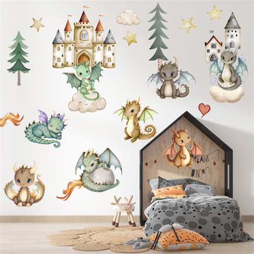 Cute Dinosaur Kids Wall Stickers, Peel and Stick Removable Wall Decals for Kids Boys Nursery Bedroom Living Room(Castle Dinosaur) Cute Dinosaur Kids Wall Stickers, Peel and Stick Removable Wall Decals for Kids Boys Nursery Bedroom Living Room(Castle Dinosaur)