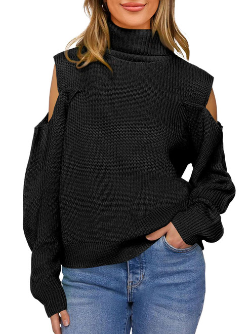 Langwyqu Cold Shoulder Sweaters for Women Fall 2023 Oversized Turtleneck Long Sleeve Ribbed Knit Casual Pullover Sweater Black