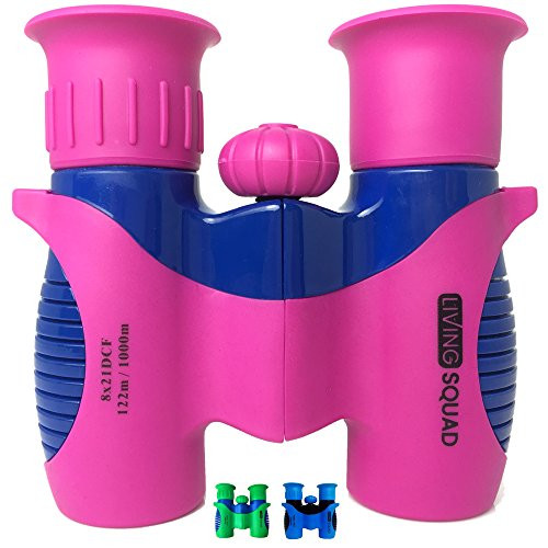 Living Squad Kids Binoculars 8x21 - Shock Proof Toy Binoculars Set w/Real Optics - Bird Watching, Hunting & Hiking Birthday Present for Girls and Boys (Pink)