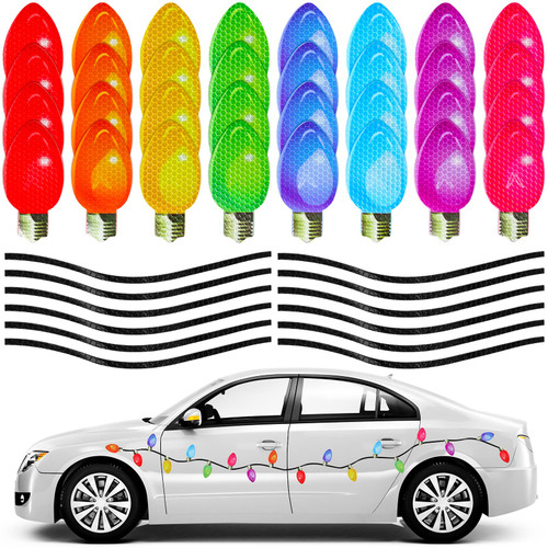 Sieral 44 Pcs Christmas Reflective Car Magnets Set 32 Colorful Light Bulb 12 Wire Lines Cars Refrigerator Garage Magnet Decals for Xmas Window Mailbox Birthday Decoration