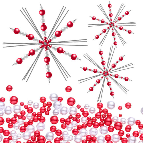 Hotop 24 Pieces Snowflakes Metal Wires Snowflake Form with 400 Mixed Color and Sizes Pearl Beads Fun Beading Project 3 Sizes Christmas Snowflakes Ornament Kit for Handicraft DIY (Red, White)
