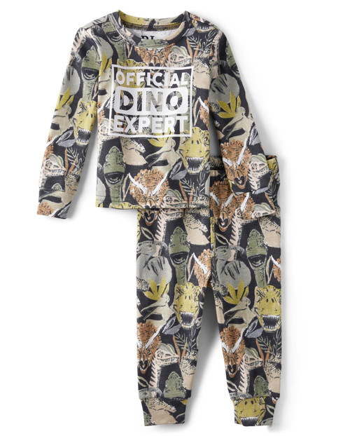 The Children's Place Baby Boys' and Toddler Long Sleeve Top and Pants Snug Fit 100% Cotton 2 Piece Pajama Set, Dino Heads, 18-24 Months