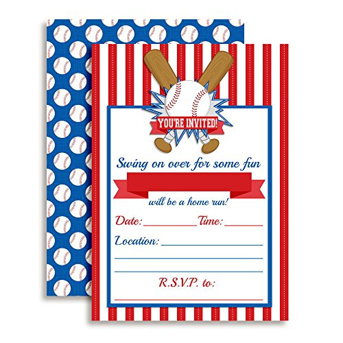Baseball Themed Birthday Party Invitations, 20 5"x7" Fill in Cards with Twenty White Envelopes by AmandaCreation