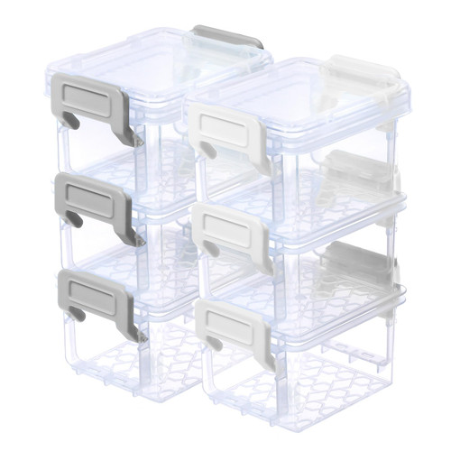 ISKYBOB 6 Packs Small Storage Bins with Lids, Mini Stackable Plastic Storage Containers Colorful Bead Organizer Latch Box Small Containers for Organizing Craft, Small Items, White+Grey