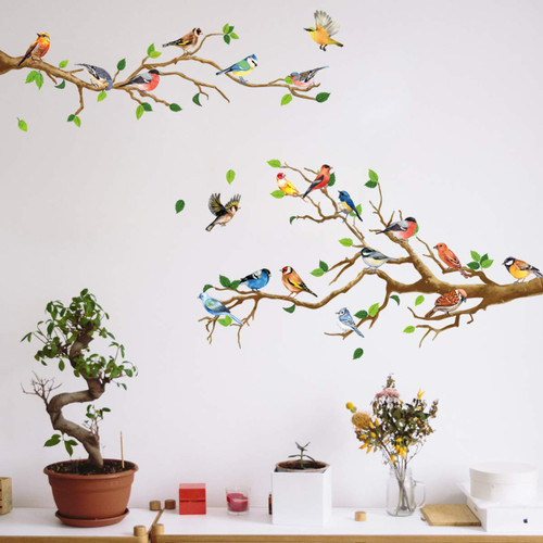 Bird on Tree Branch Wall Sticker, Removable Green Leaf Hummingbirds Decal Decor, DIY Flying Bird Art Murals Paper for Nursery Bedroom Living Room Office Home Decoration