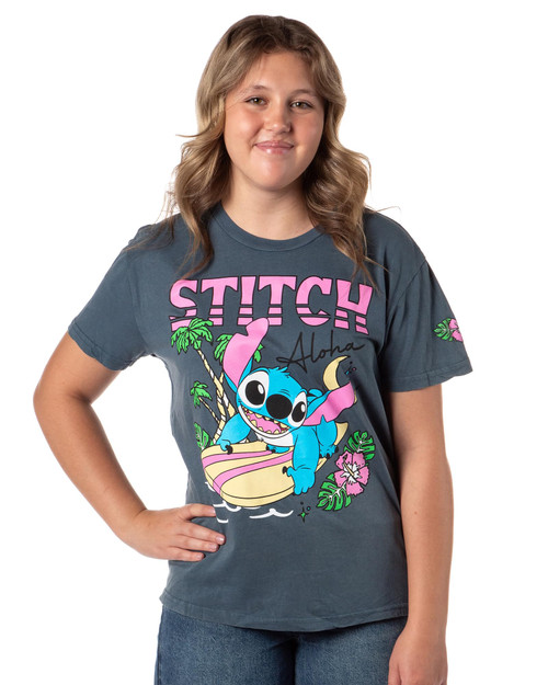 Disney Junior's Lilo & Stitch Aloha Stitch Surfing with Palm Trees and Flowers Graphic T-Shirt (X-Large)