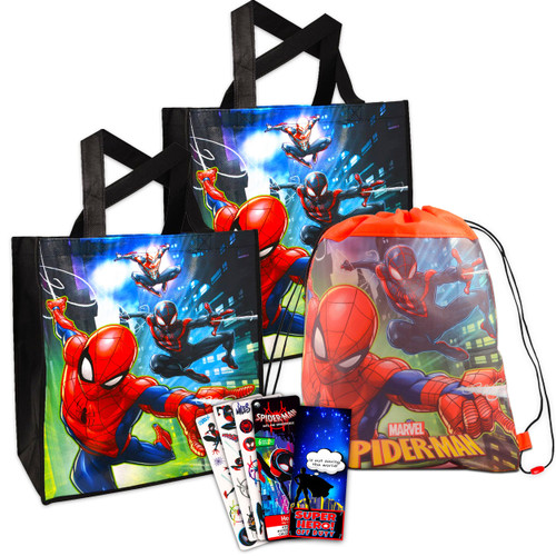 Marvel Spider-man Tote Bag Bundle - Spiderman Tote Bag Set With Kids Spiderman Drawstring Bag And Stickers (Spiderman Reusable Tote Bag)