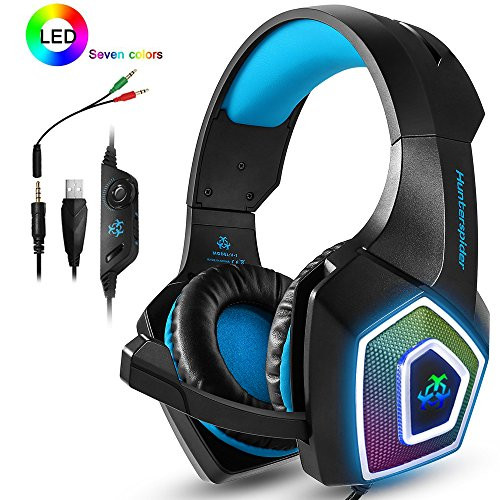 PS4 Headset,Xbox One Headphones,Gaming Headset with LED light,Stereo Gamer Headphones,3.5mm wired Over-ear Noise Isolating Microphone Volume Control for Mac?Black-Blue)