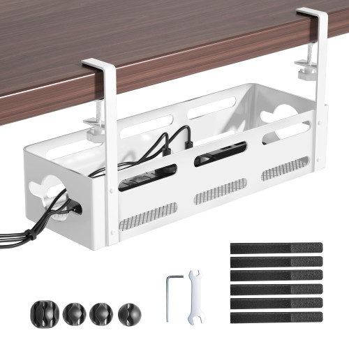 Under Desk Cable Management Tray, Cinati Cable Management Under Desk No Drill, Metal Cable Management Box with Desk Cord Organizers & Desk Cable Management Kit to Conceal Wire for Office Home, White
