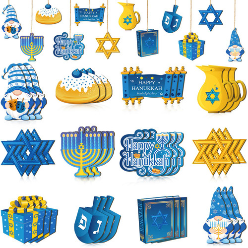 Qunclay 36 Pcs Hanukkah Ornaments Chanukah Wooden Hanging Ornament Star of David Menorah Gnome Happy Hanukkah Wood Pendant Blue Yellow Jewish Hanukkah Decorations for Christmas Tree Home Party Decor