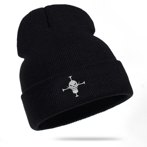 Roffatide One Piece Beanie Hat Anime Whitebeard Pirates Cuffed Skull Caps Winter Knit Hat for Boys Girls Embroidered Black Beanie Cap